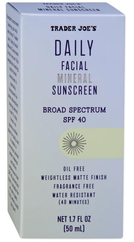 Trader Joe's Daily Facial Mineral Sunscreen SPF 40 Oil Free Clear Color Gel Formula Fragrance Free Water Sweat Resistant